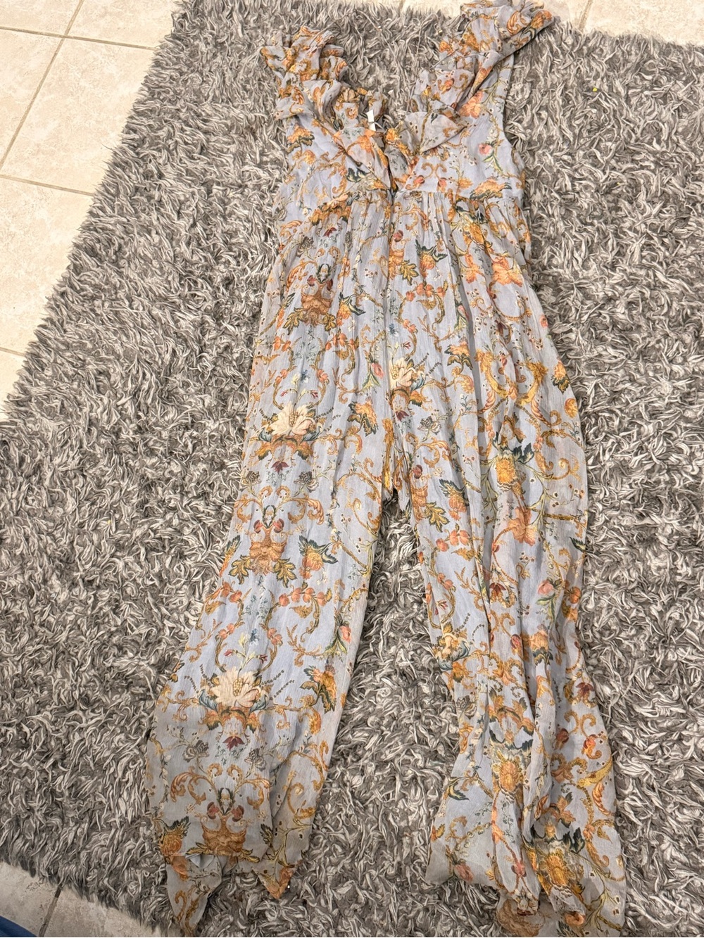 Floral Ruffle Strap Wide-Leg Jumpsuit in Light Blue. Zimmermann